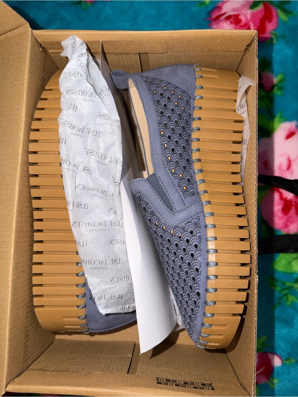 Ilse Jacobsen Slate Blue Laser-Cut Platform Slip-Ons